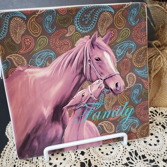 Farmhouse Cracker Barrel Brown Paisley Ceramic Horse "Family" Square Plate 8" - Picture 2 of 6